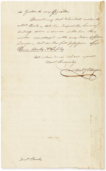(AMERICAN REVOLUTION.) WAYNE, ANTHONY. Autograph Letter Signed, AnthyWayne, to Benjamin Rush (Dear Rush),